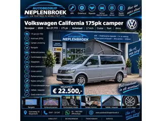 Volkswagen California 175pk camper Automaat,17Inch,Cruise,Navi,Airco,Clima Hefdak,Koelkast,Trekhaak,