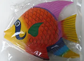 HOUTEN VIS 25 CM Nr. 4 ORANJE GEEL LILA NIEUW.