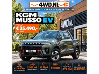 KGM MUSSO EV 82 KW PICK UP 5 pers 1800 KG trekhaak va. € 35.490,- excl. btw Unieke GREEN LABEL PICK 