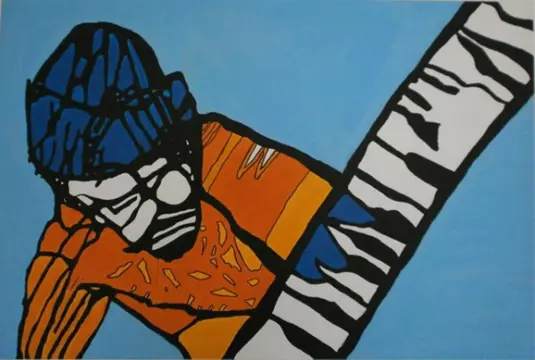 Op groot doek: 'STYLISTIC PIANO MAN" in mooie kleuren