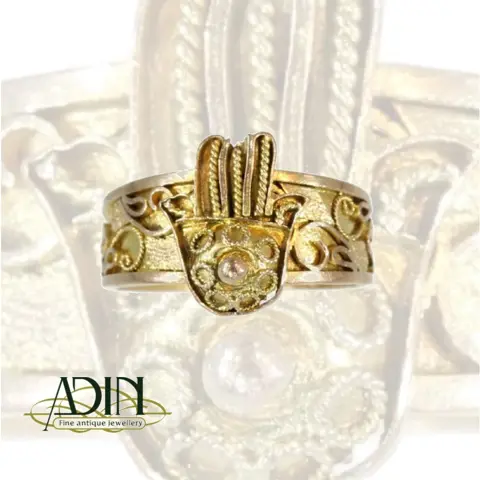 Antieke Hasma verlovingsring met gouden hand van Fatima.