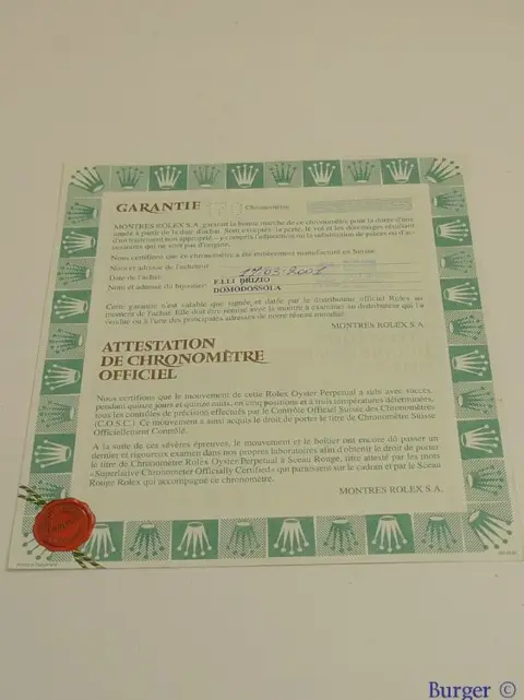 Rolex Warranty Certificate Ref: 79173