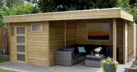 Tuinhuis-Blokhut Kuifmees 250x250 met Luifel 400cm