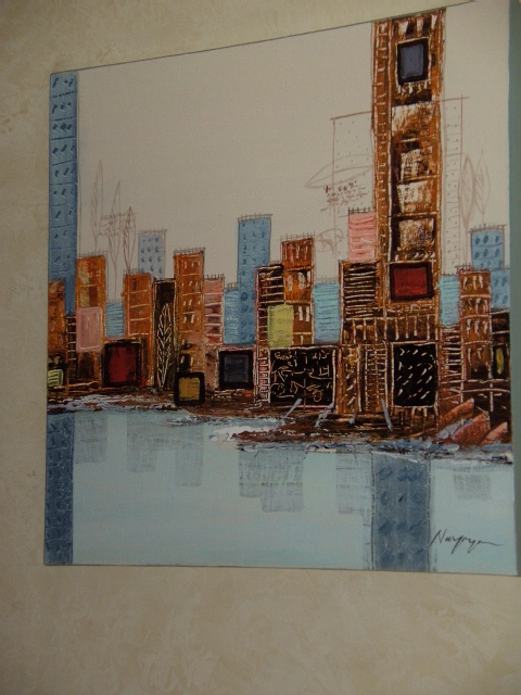 SCHILDERIJ ABSTRACT STADSBEELD BEIGE, 70x70 cm Nieuw
