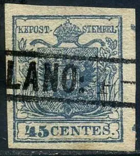 Italiaanse oude staten - Lombardije Venetië 1851 - 45 cents with ribbed paper. Wide margins. - Sassone N. 17