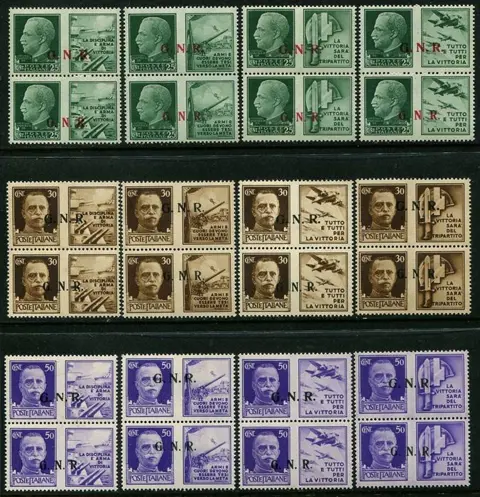 Italië 1944 - RSI – Propaganda, 12 values in vertical pairs with Brescia GNR overprint of the 2nd and 3rd type. - Sassone N.13/24 II-III