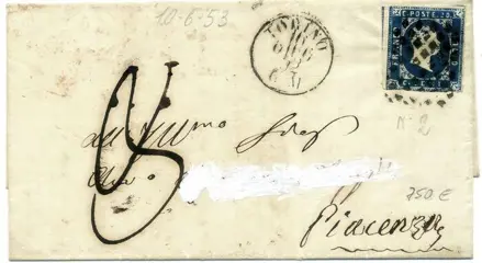 Italiaanse oude staten - Sardinië 1853 - Vittorio Emanuele II, 20 centesimi azzurro su busta da Torino a Piacenza. Bollo di arrivo. - Sassone N. 2