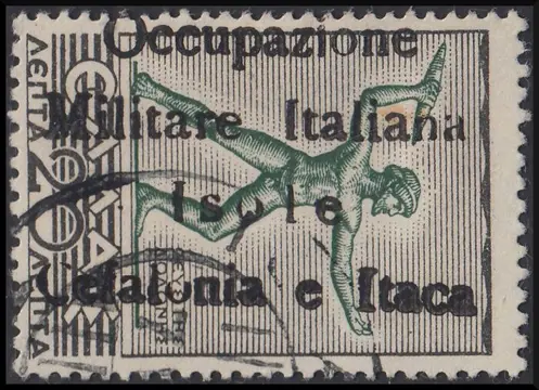 Italië - bezetting van de Ionische eilanden 1940-1943 1941 - Mitologica di Grecia 20 lepta nero e verde soprastampato a mano (Itaca, O Maiuscola) - Sassone N. 30