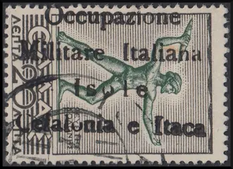 Italië - bezetting van de Ionische eilanden 1940-1943 1941 - Mitologica di Grecia 20 lepta nero e verde soprastampato a mano (Itaca, O Maiuscola) - Sassone N. 30