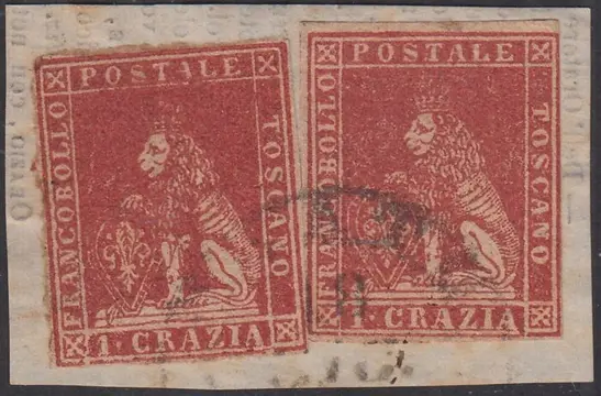 Italiaanse oude staten - Toscane 1857 - 2nd issue, 1 crazia carmine on white paper and wavy lines watermark, two pieces - Sassone N. 12
