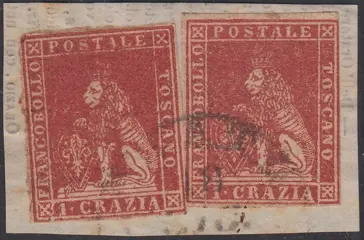 Italiaanse oude staten - Toscane 1857 - 2nd issue, 1 crazia carmine on white paper and wavy lines watermark, two pieces - Sassone N. 12