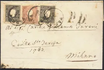 Italiaanse oude staten - Lombardije Venetië 1859 - 2&nbsp;x 3&nbsp;soldi&nbsp;+ 10&nbsp;soldi on foreign letter to Milan - Sassone Nr.: 29 (2) + 31