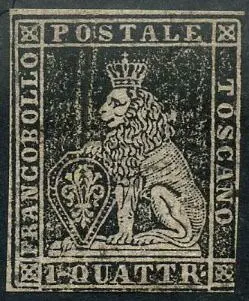 Italiaanse oude staten - Toscane 1851 - Medici Lion with crown, 1st issue. 1 quattrino black. Proof with multiple prints on the back - Sassone N. P1