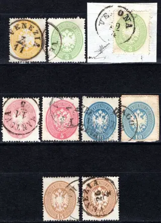 Italiaanse oude staten - Lombardije Venetië - 4th issue – the complete used set in the different colour shades – 2 on cut out - Sass. n° 36+37+37a+38+38a+39+39a+40+40a
