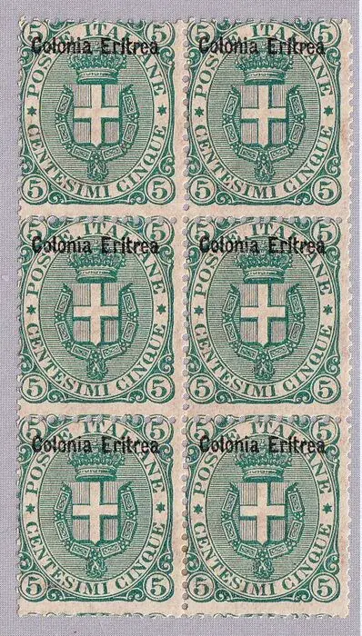 Italiaans Eritrea 1893 - Coat of arms, 5 cents dark green, block of 6 pieces. - sassone 3