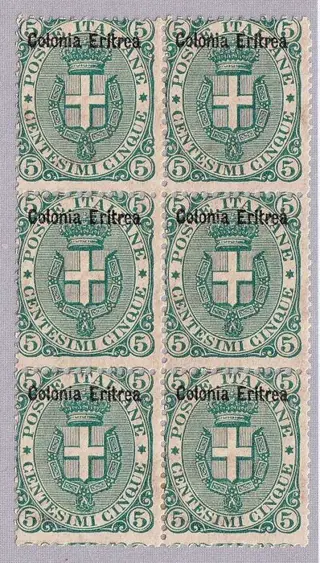 Italiaans Eritrea 1893 - Coat of arms, 5 cents dark green, block of 6 pieces. - sassone 3