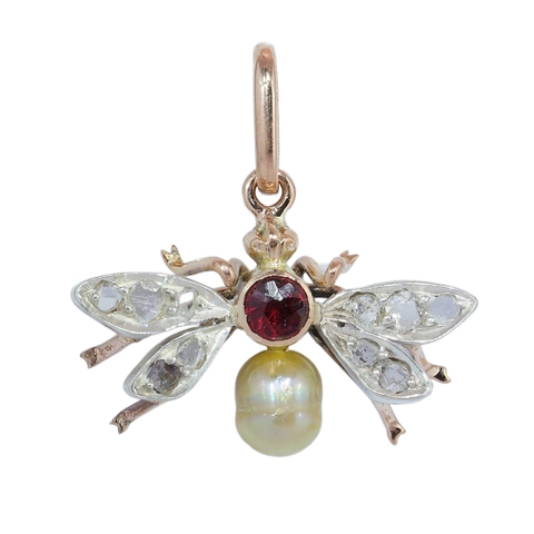 Victorian fly or bee pendant with rose cuts, paste and pearl, circa 1900