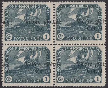 Fiume 1920 - 1 crown on 1 slate, block of four with heavily shifted overprint to the right - Sassone N. 107ge