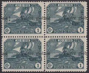 Fiume 1920 - 1 crown on 1 slate, block of four with heavily shifted overprint to the right - Sassone N. 107ge