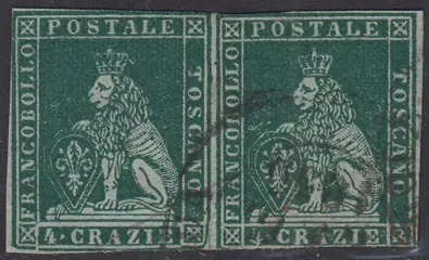 Italiaanse oude staten - Toscane 1851 - I emissione, 4 crazie verde su carta grigia e filigrana corona coppia orizzontale - Sassone N. 6