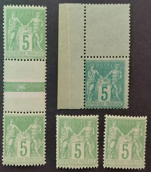 Frankrijk 1898 - ‘Sage’ type, 5 c. green, types I and II standing + normal - Yvert 75, 102, 106, 106a