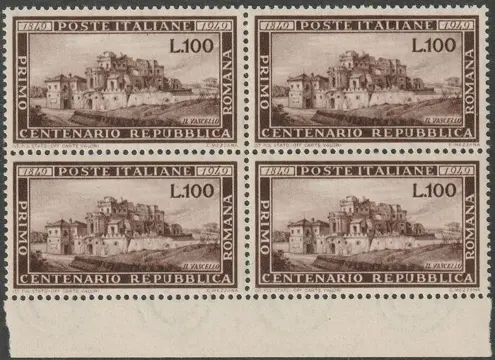Italiaanse Republiek 1949 - Roman Republic 100 l. brown, sheet margin block of four, centred, intact, rare, luxury - Sassone n.600