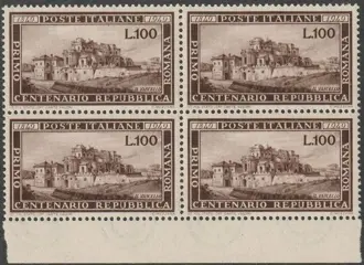 Italiaanse Republiek 1949 - Roman Republic 100 l. brown, sheet margin block of four, centred, intact, rare, luxury - Sassone n.600