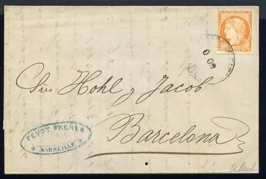 Frankrijk 1875 - Zeldzame lettre de Marseille pour Barcelona ( Espagne ) - Cachet Admon de Cambio 9 Centimos