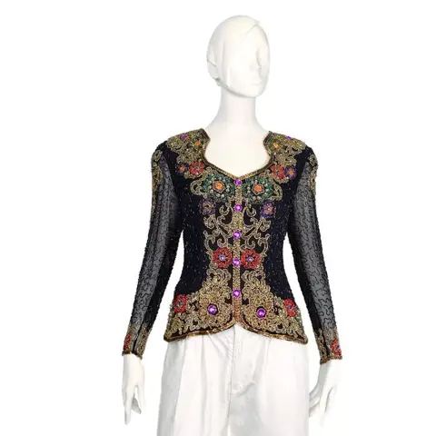 Oleg Cassini - Black Tie - Silk Fully Beaded Blouse, Top