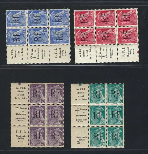 Frankrijk - RARE NEUF** 4 blocs de 6 timbres libération Montreuil Bellay avec texte patriotique