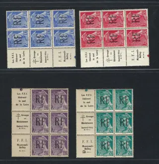 Frankrijk - RARE NEUF** 4 blocs de 6 timbres libération Montreuil Bellay avec texte patriotique