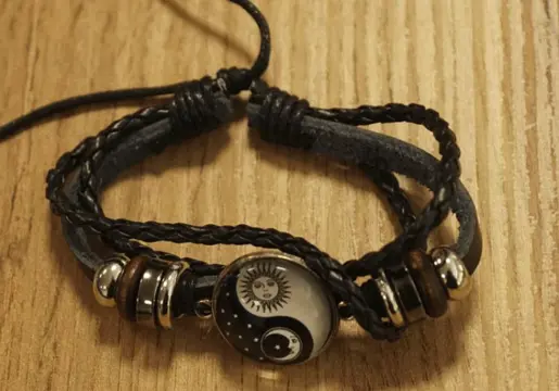 Leren gevlochten cabochon armband " Zon / maan Yin Yang "