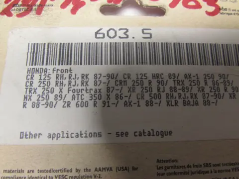 REMBLOKKEN VOOR Honda XR 250 R 1988 - 1992