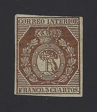 Spanje 1853 - 3 cuartos of the Coat of arms of Spain. Bear and arbutus. Graus cert. - Edifil nº 23a