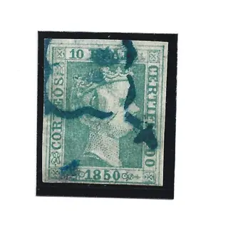 Spanje 1850 - Isabella II. 10 reales green, blue spider type postmark. Graus certificate - Edifil 5