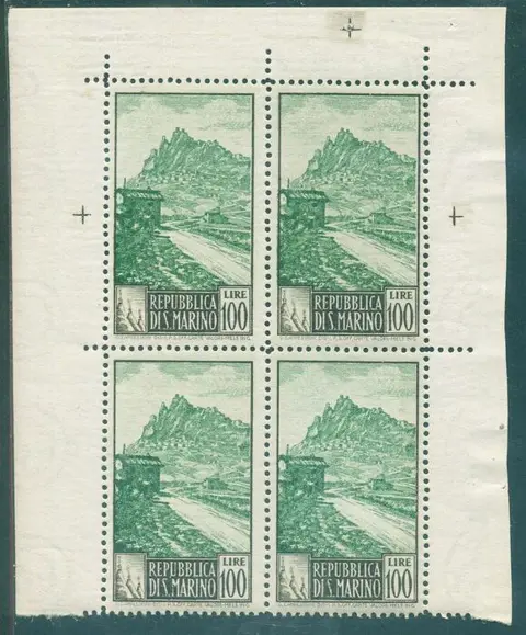 San Marino 1949 - Views, 100 lire, with perforation 14x13. Rare block of four - Sassone 354/I