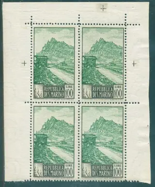 San Marino 1949 - Views, 100 lire, with perforation 14x13. Rare block of four - Sassone 354/I