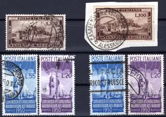 Italiaanse Republiek 1949/1950 - ‘Roman’ + ‘Radiodiffusione’ sets, the two used sets – also on cut out – very good lot - Sass. n° 600+623/624