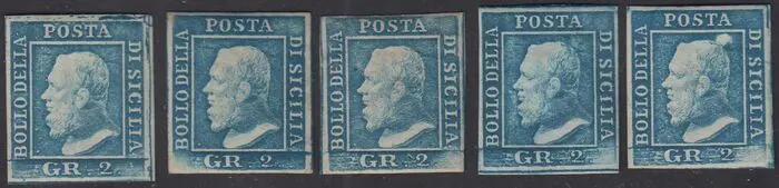 Italiaanse oude staten - Sicilië 1859 - Effigie di Ferdinando II di Borbone gr.2 azzurro I tavola carta di Palermo cinque esemplari plattati - Sassone N. 6
