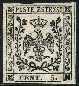 Italiaanse oude staten - Modena 1852 - Eagle of Este, proof of 5 cents on white paper with inverted print on the back. With certificate. - Sassone N. P26