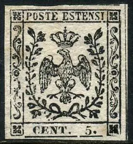 Italiaanse oude staten - Modena 1852 - Eagle of Este, proof of 5 cents on white paper with inverted print on the back. With certificate. - Sassone N. P26