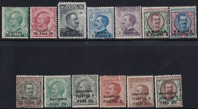 Levant - Izmir 1909/22 - Complete set of the 2 overprinted sets, mint with full gum - Sassone n.1/13