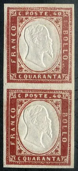 Italiaanse oude staten - Sardinië 1861 - Victor Emmanuel II, 40 cents vermilion red, pair. With certificate - Sassone N. 16Da