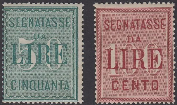 Koninkrijk Italië 1884 - Segnatasse di Regno L. 50 verde e L. 100 rosa carminio - n. 15/16