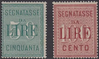 Koninkrijk Italië 1884 - Segnatasse di Regno L. 50 verde e L. 100 rosa carminio - n. 15/16