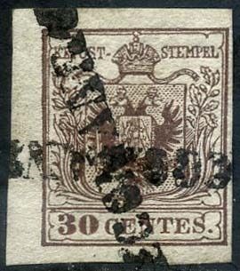 Italiaanse oude staten - Lombardije Venetië 1850 - 30 cents with double crossed cancellation ‘raccomandata’. Interesting piece. - Sassone N. 9
