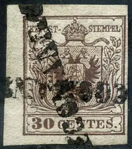 Italiaanse oude staten - Lombardije Venetië 1850 - 30 cents with double crossed cancellation ‘raccomandata’. Interesting piece. - Sassone N. 9