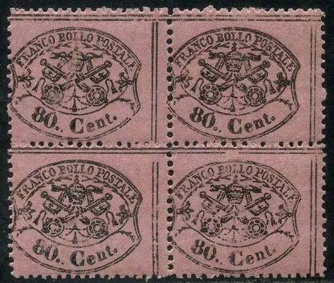 Italiaanse oude staten - Pauselijke Staat 1868 - 80 cents light pink. Intact block of four. - Sassone N. 30