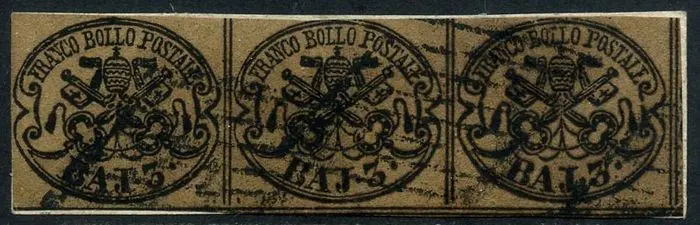 Italiaanse oude staten - Pauselijke Staat 1852 - Baj orange bistre, strip of 3 pieces. - Sassone N. 4