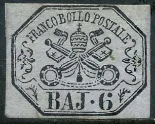 Italiaanse oude staten - Pauselijke Staat 1852 - 6 baj grey lilac. - Sassone N. 7A
